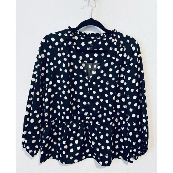 J Crew Top Womens 10 Black Painted Dot Peplum Satin Crepe 3/4 Sleeve Romantic - Picture 2 of 7